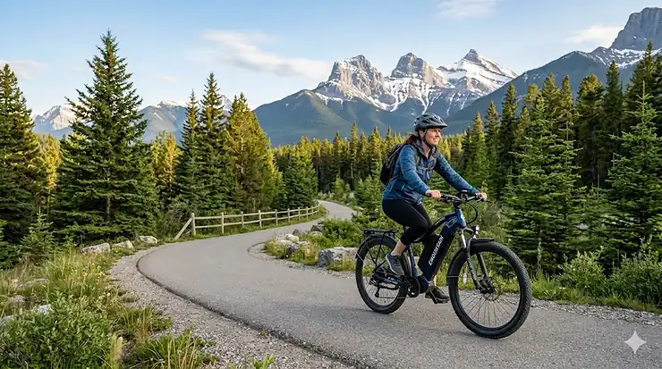 Person riding the strongest frame electric bike through a Canadian urban park.
