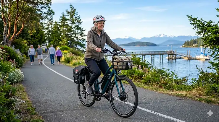Senior woman smiling while riding a comfortable step-through electric bike in a Canadian park. womens step through electric bike seniors