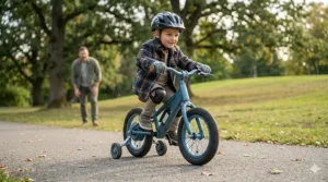 Child gaining confidence on an affordable electric bike for kids