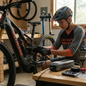 Teenager plugging in the battery of their electric mountain bike.