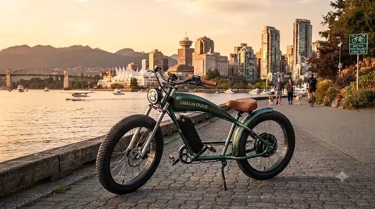 A sleek chopper electric bike parked against a scenic Canadian city backdrop, highlighting its retro cruiser frame and fat tires for urban commuting. / Un vélo électrique chopper élégant garé sur fond de paysage urbain canadien, mettant en valeur son cadre rétro et ses pneus fat bike.