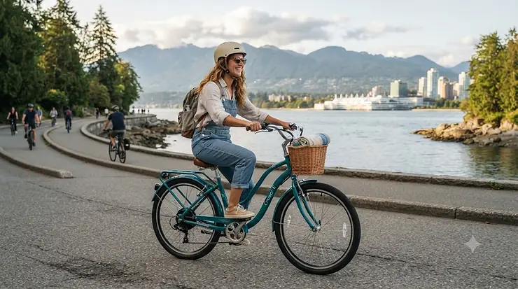 A smiling rider enjoying a sunny afternoon ride on a cruiser electric bike along a scenic waterfront path in British Columbia, Canada. / Un cycliste souriant profite d'une balade ensoleillée sur un vélo électrique de type cruiser le long d'un sentier riverain pittoresque au Canada.