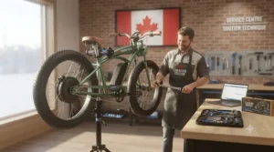 Illustration representing professional assembly and local dealer support options for chopper electric bike buyers in Canada. / Illustration représentant l'assemblage professionnel et le soutien de revendeurs locaux pour les acheteurs de vélos électriques chopper au Canada.