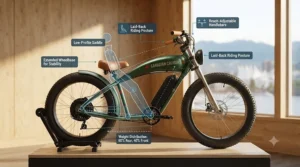 Side-profile illustration showing the comfortable stretched cruiser geometry and seating of a chopper electric bike. / Illustration de profil latéral montrant la géométrie confortable du cadre et de la selle d'un vélo électrique chopper.