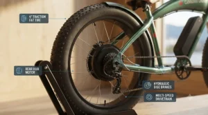 Close-up illustration of puncture-resistant fat tires on a chopper electric bike built for stable street riding across Canada. / Illustration rapprochée des pneus larges anticrevaison d'un vélo électrique chopper conçu pour une conduite stable au Canada.