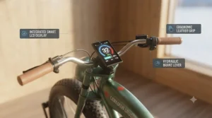 Illustration of an easy-to-read handlebar LCD display on a chopper electric bike tracking speed and battery life. / Illustration d'un écran ACL facile à lire sur le guidon d'un vélo électrique chopper affichant la vitesse et l'autonomie.
