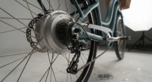 Extra-wide, plush cushioned saddle and suspension setup providing maximum comfort on a cruiser electric bike during long weekend rides.