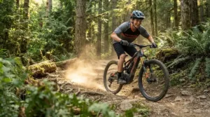 Teen wearing a helmet and pads while preparing for an electric mountain bike ride.