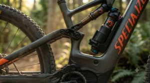 Close-up of the high-performance suspension on an electric mountain bike.