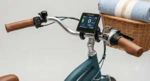 Detail view of the high-capacity lithium-ion battery and reliable rear hub motor powering a Canadian-spec cruiser electric bike for daily leisure.