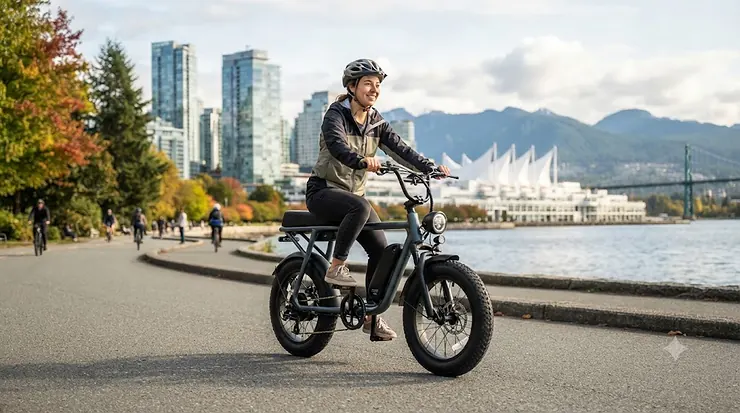 A commuter riding a legal moped ebike with pedals on a paved bike path in Vancouver, meeting Canadian 500W regulations.