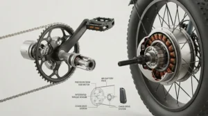 Ergonomic long bench seat feature on a dual-passenger moped ebike with pedals built for urban Canadian travel.