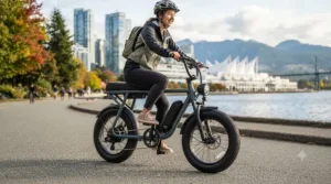 Studio side profile of a modern moped ebike with pedals, highlighting its street-legal 500W motor and bicycle frame layout.