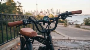 Rider removing the battery from a moped-style electric bike.