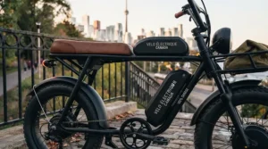 Comfortable long bench seat on a moped-style electric bike.