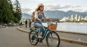 Full side profile of a modern cruiser electric bike featuring an upright step-through frame, wide handlebars, and a comfortable saddle for Canadian riders.