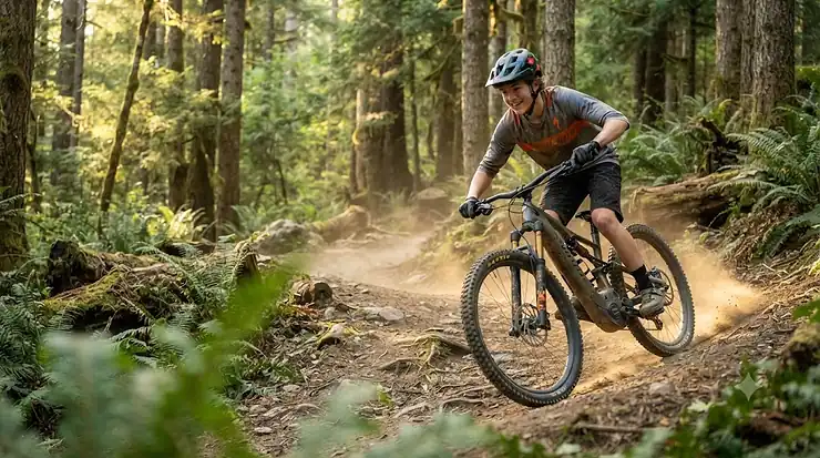 Teenager riding an electric mountain bike on a scenic Canadian forest trail. electric mountain bike for teenagers