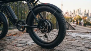 Upright handlebars on a moped-style electric bike for ergonomic riding.