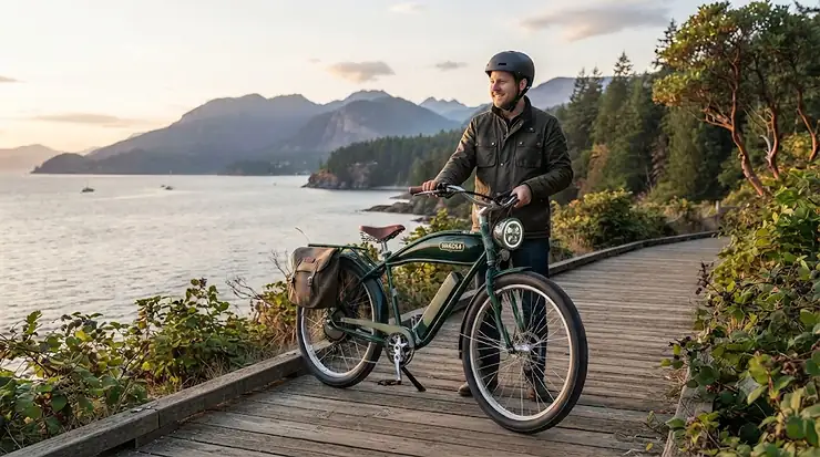 A sleek vintage electric cruiser bike parked along a scenic coastal path in British Columbia, blending retro style with modern e-bike performance. / Un élégant vélo cruiser électrique rétro stationné le long d'un sentier côtier pittoresque au Canada, alliant style classique et performance moderne.
