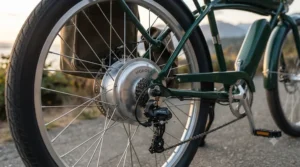 Guidon ergonomique et écran numérique intuitif d'un vélo cruiser électrique rétro pour une position de conduite confortable. / Ergonomic swept-back handlebars and intuitive digital display on a vintage electric cruiser bike for comfortable upright riding.