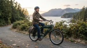 Illustration d'un guide d'entretien pour ranger un vélo cruiser électrique rétro en toute sécurité pendant l'hiver canadien. / Expert maintenance guide illustration for storing a vintage electric cruiser bike safely through the off-season Canadian winter.