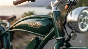 Moteur de moyeu haute performance et batterie intégrée sur un vélo cruiser électrique rétro conçu pour les déplacements urbains. / High-performance hub motor and integrated battery pack on a vintage electric cruiser bike designed for smooth urban commuting.