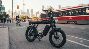 Moped-style electric bike designed for varied Canadian seasonal paths.