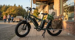 An all-terrain dual battery ebike equipped with a heavy-duty rear cargo rack for groceries.