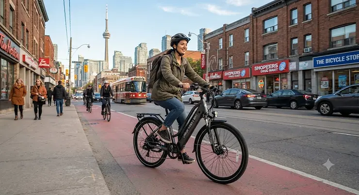 A rider commuting through a Canadian downtown street on an affordable e-bike under $1500 CAD.