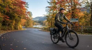 A cyclist enjoying a autumn ride along a scenic parkway in Canada on a 75nm torque electric bike.