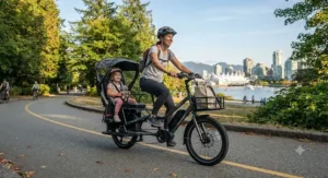 A parent and child riding a cargo electric bike 120km range through a park in Vancouver on a sunny afternoon.