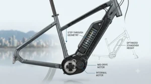 Close-up of a heavy-duty rear cargo rack carrying commuter pannier bags on a long distance commuter ebike for daily errands. (FR: Porte-bagages pour vélo électrique)