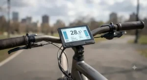 The illuminated LCD dashboard display on a commuter dual battery ebike showing speed and battery levels.