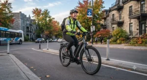 A cyclist navigating a protected bike lane in Montreal using an electric bike 120km range for daily transit.