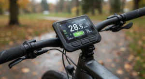 Digital handlebar display screen showing speed and battery range on a 75nm torque electric bike.