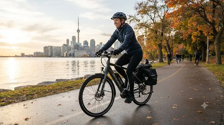 A commuter testing an electric bike 100km range along a scenic Toronto waterfront trail during autumn.