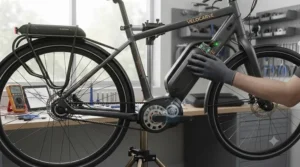 Ergonomic step-through frame layout built for an electric bike 100km range commuter model.