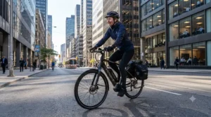 Cyclist exploring a rural Ontario rail trail using an electric bike 100km range for weekend touring.