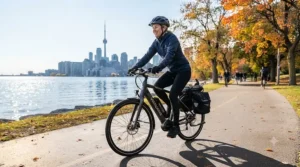 Daily commuter riding an electric bike 100km range through downtown Vancouver office blocks.