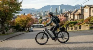 An electric bike featuring 75nm of torque smoothly climbing a steep residential hill in Vancouver.