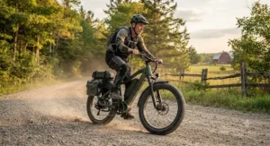 A heavy-duty dual battery ebike navigating a loose gravel country road in rural Ontario.