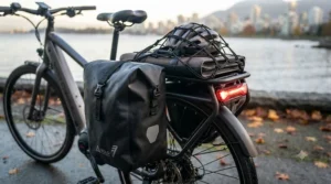 Graphic representation of a high-torque motor powering a long distance commuter ebike up a steep urban street incline with ease. (FR: Moteur puissant pour côte en vélo électrique)