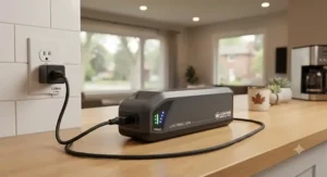 Close-up of a high-capacity battery being charged for an electric bike 120km range model inside a modern Canadian home.