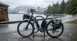 A step-thru dual battery electric bike parked near the seawall in Vancouver on a rainy afternoon.