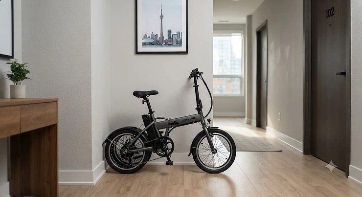 A compact 20 inch folding e-bike neatly stored in a modern Toronto condo hallway, saving space for urban living. 20 inch folding e-bike for apartments