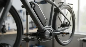 Close-up view of the motor and battery on a weather-resistant city electric bike designed for Canadian conditions.