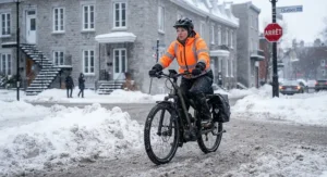 An all-weather commuter riding an electric bike past snowbanks on a Quebec city street.