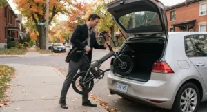 An urban professional loading their folding e-bike for city commuting into the trunk of a hatchback in Ottawa.
