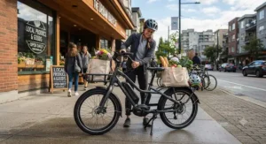 Utility cargo model of a premium electric bike loaded with grocery bags outside a local Canadian market.