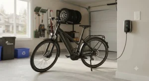 A premium electric bike plugged into a home charger inside a tidy Canadian garage.